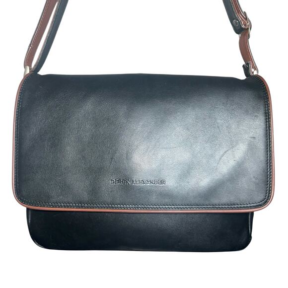 Derek Alexander Black Brown Leather Messenger Crossbody Bag Unisex - Picture 1 of 13
